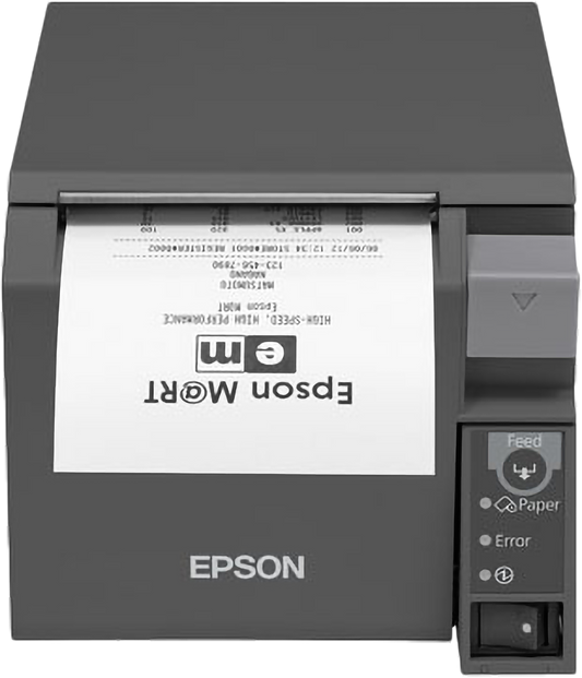 Epson TM-T70II front-loading POS receipt printer, dark grey, serial + USB, UK plug (C31CD38032A0) – front view with printed receipt