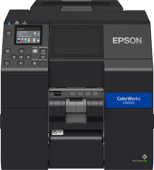 Epson ColorWorks C6000Pe colour label printer, 4-inch, peel-and-present, matte black ink, 1200 x 1200 dpi, inkjet (C31CH76202MK) – front view with peeler