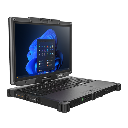 Getac V120 VV116YE4BDBA left three-quarter view showing side ports and rotating display hinge