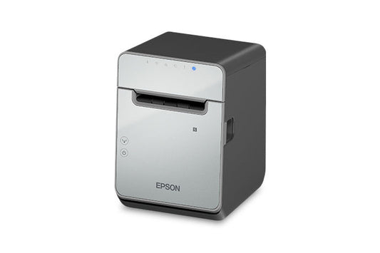 Epson TM-L100 liner-free label and receipt printer, black, USB + Ethernet (C31CJ52111) – left 3/4 view