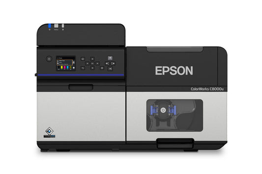 Epson ColorWorks C8000 colour label printer, high-speed 4-inch, auto cutter, gloss black ink, 1200 x 600 dpi, inkjet (C31CL02102BK) – front view