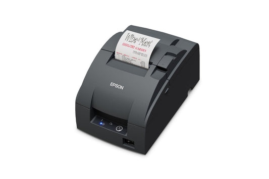 Epson TM-U220IIB impact dot matrix POS receipt printer with autocutter, dark grey (Epson Dark Grey), Ethernet (C31CL27142F3) – left 3/4 view with receipt