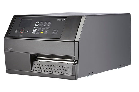 Honeywell PX65 industrial label printer, LCD display with keypad, tear bar, UHF RFID, 203 dpi, thermal transfer (PX65A00EU0000200) – left angled view