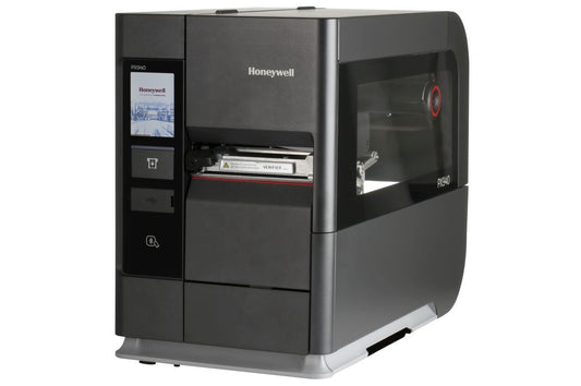 Honeywell PX940V industrial label printer with integrated barcode verifier, colour touch display, tear bar, 300 dpi, thermal transfer (PX940V30100000300) – angled view with clear media door