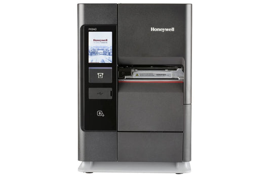 Honeywell PX940V industrial label printer with integrated barcode verifier, colour touch display, tear bar, 300 dpi, thermal transfer (PX940V30100000300) – front view