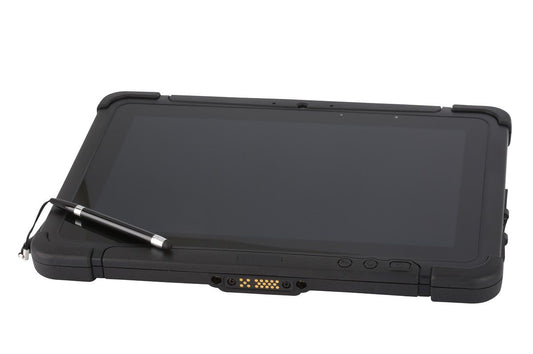Honeywell RT10A 10.1" rugged Android tablet with N6703 standard-range imager, Wi-Fi (RT10A-L0N-17C12S0E) – angled view with stylus