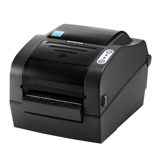 BIXOLON SLP-TX423 4-inch thermal transfer desktop label printer, dark grey (SLP-TX423G) – angled view