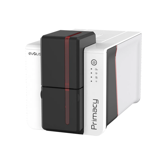 Evolis Primacy 2 plastic card printer, single-sided, LED panel, USB + Ethernet, 300 dpi, dye sublimation / thermal transfer (PM2-0001-E) – angled front view with LED panel