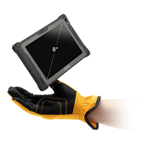 Getac ZX80W 8" rugged Windows tablet, hot-swappable battery (Z8A7WXGI2AXX) – angled view in gloved hand