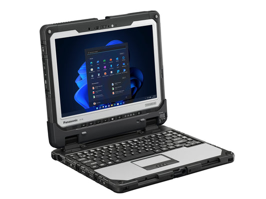 Panasonic TOUGHBOOK 33 mk2 fully rugged 12-inch 2-in-1 tablet with detachable German (QWERTZ) keyboard (CF-33GZ057B4) – angled view in laptop mode