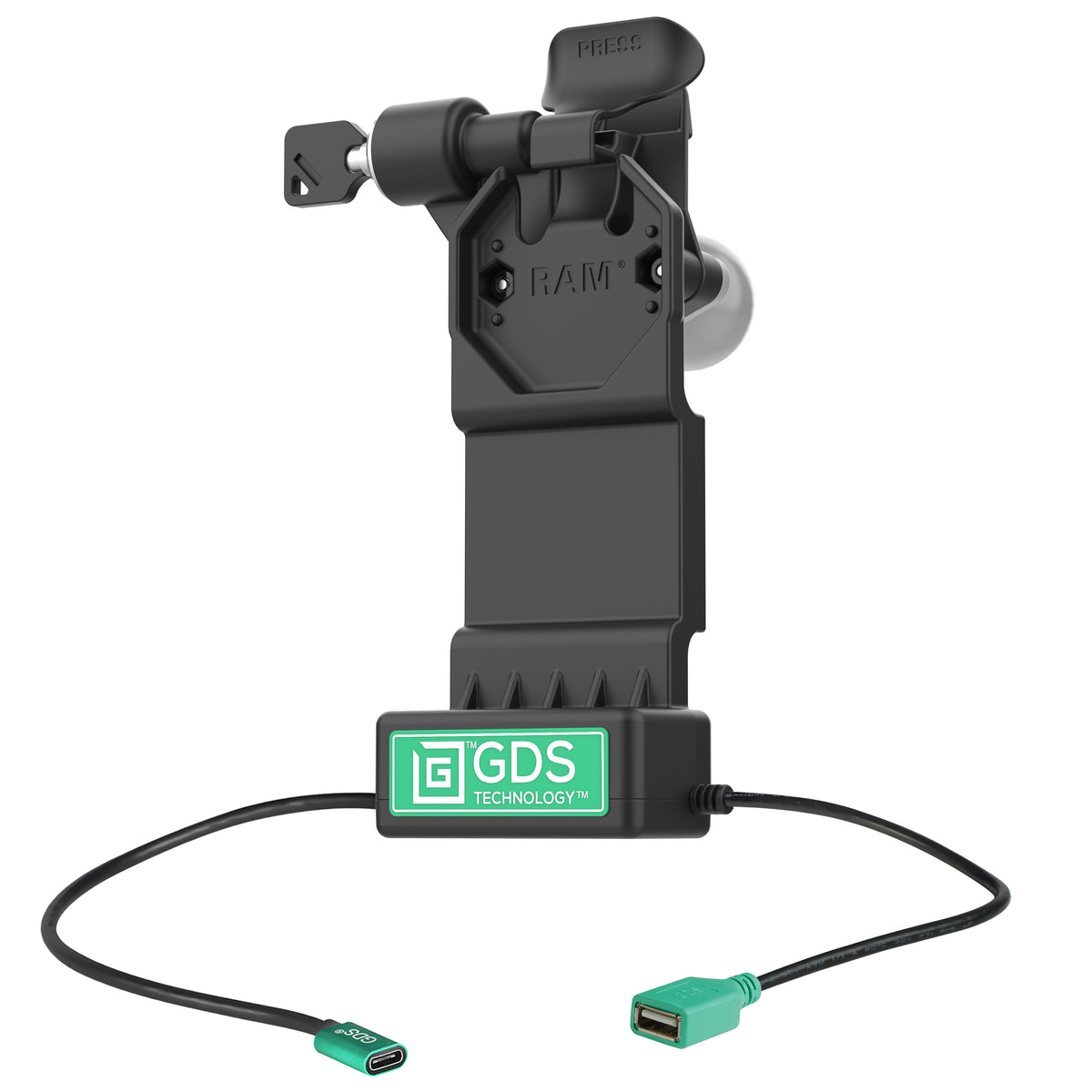 RAM Mounts GDS Uni-Conn left-locking tablet dock + USB-A with release lever – product photo