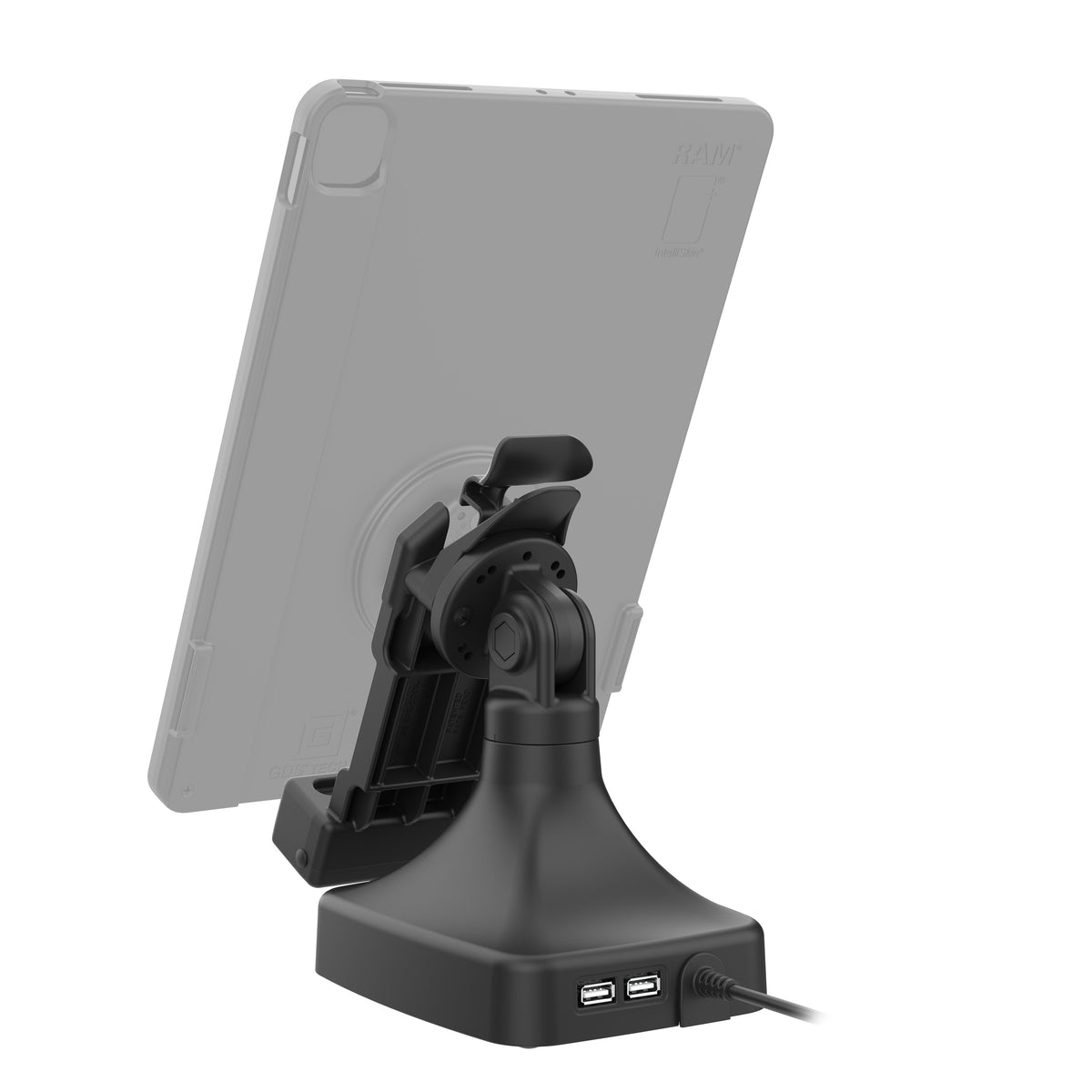 RAM Mounts GDS tilt and swivel dock with PoE and two USB-A ports for IntelliSkin tablets with Uni-Conn adapter – detail photo
