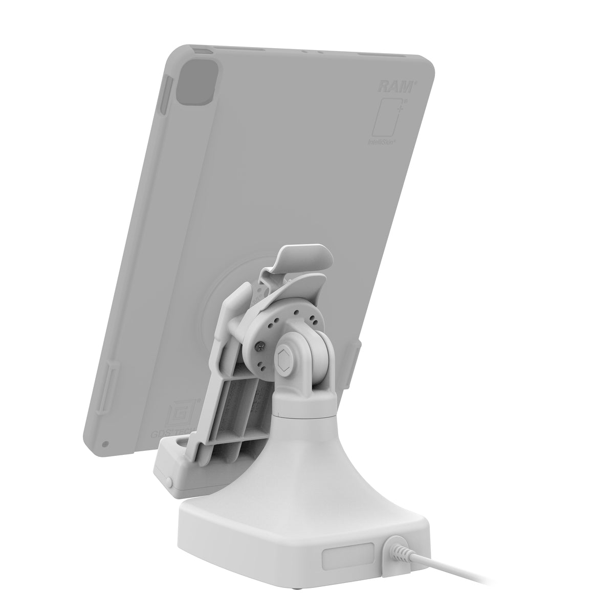 RAM Mounts GDS tilt and swivel dock with PoE for IntelliSkin tablets with Uni-Conn adapter in grey – detail photo