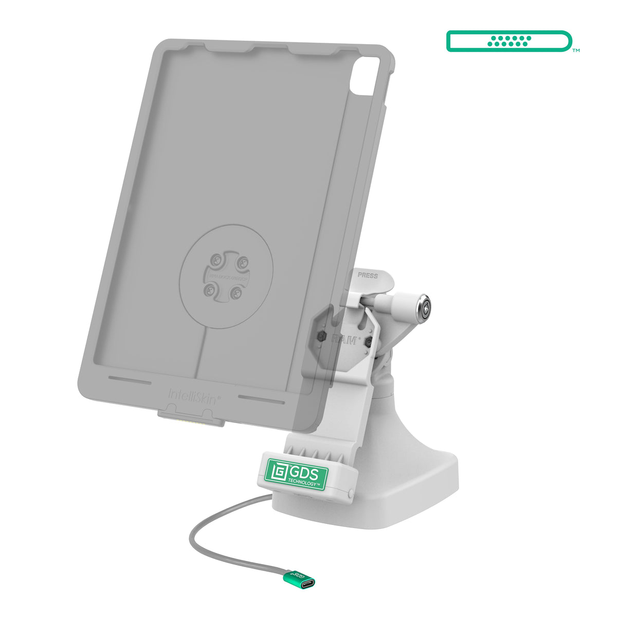 RAM Mounts GDS key-locking tilt and swivel dock with USB-C and two USB-A ports for IntelliSkin tablets with Uni-Conn adapter in grey – alternative view