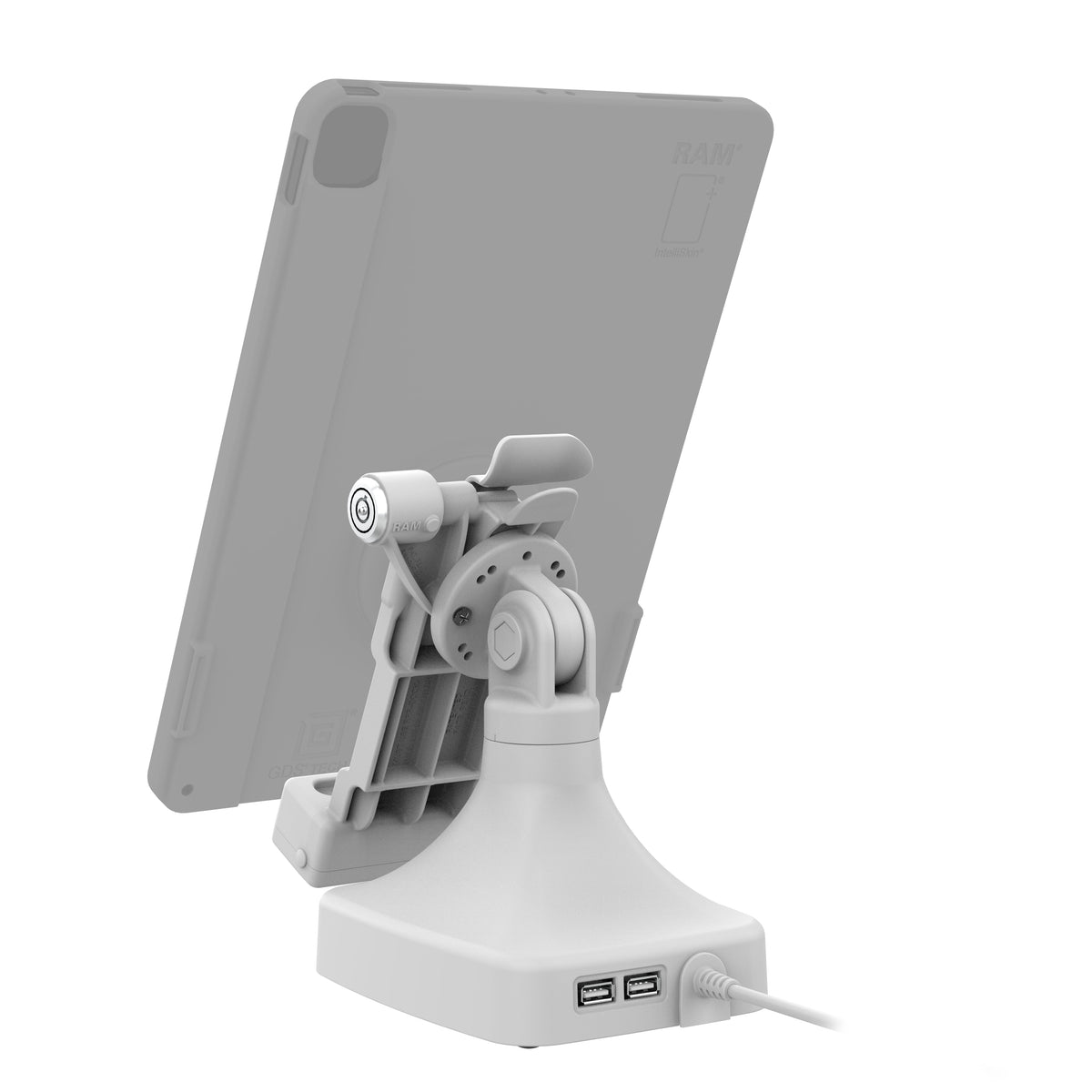RAM Mounts GDS key-locking tilt and swivel dock with USB-C and two USB-A ports for IntelliSkin tablets with Uni-Conn adapter in grey – detail photo