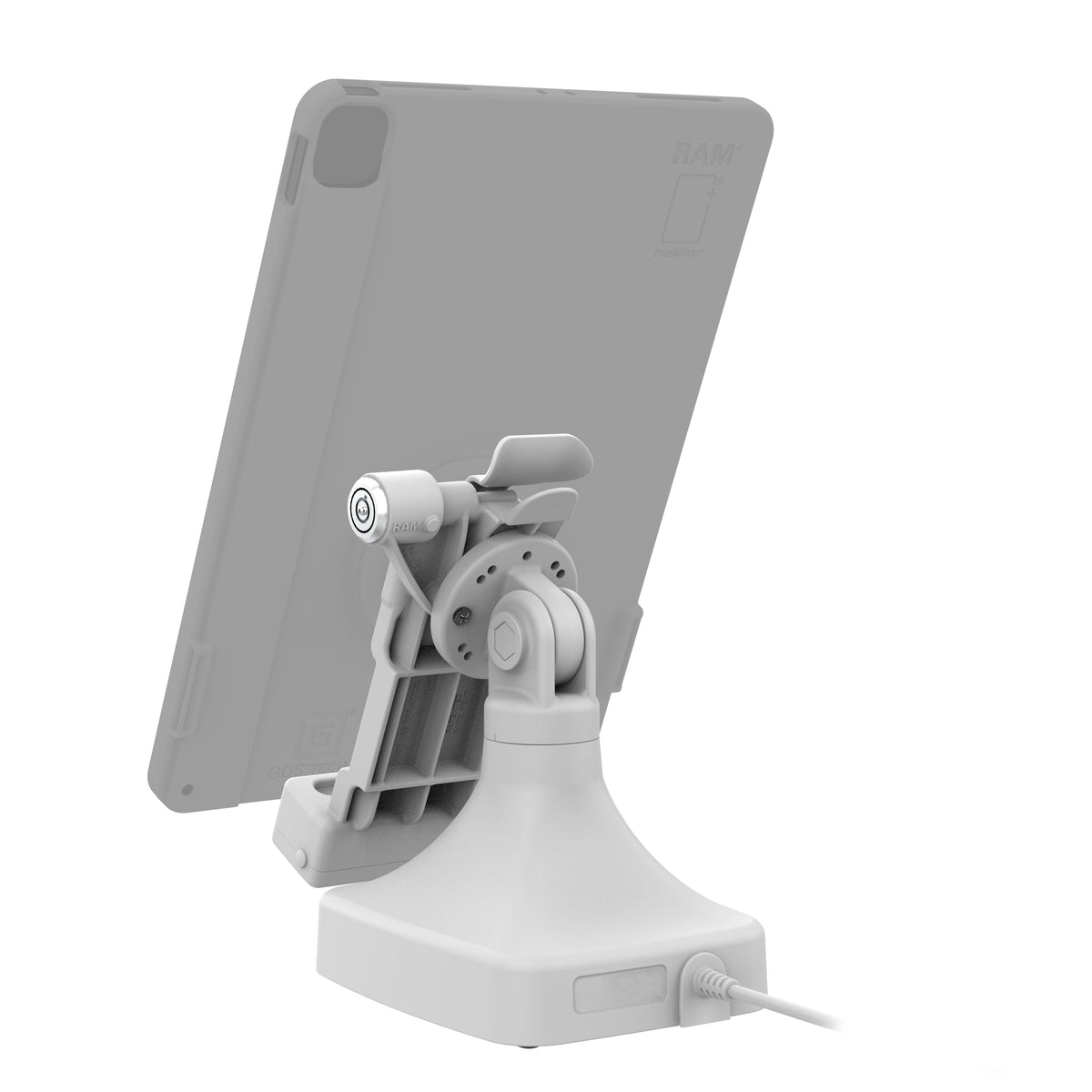 RAM Mounts GDS key-locking tilt and swivel dock with PoE for IntelliSkin tablets with Uni-Conn adapter in grey – detail photo