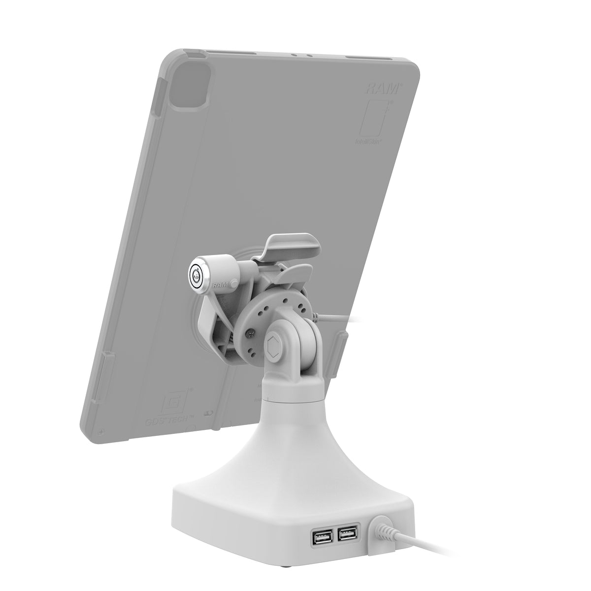 RAM Mounts GDS key-locking tilt and swivel dock with USB-C and two USB-A ports for IntelliSkin Thin-Case tablets with rear pogo pads in grey – detail photo