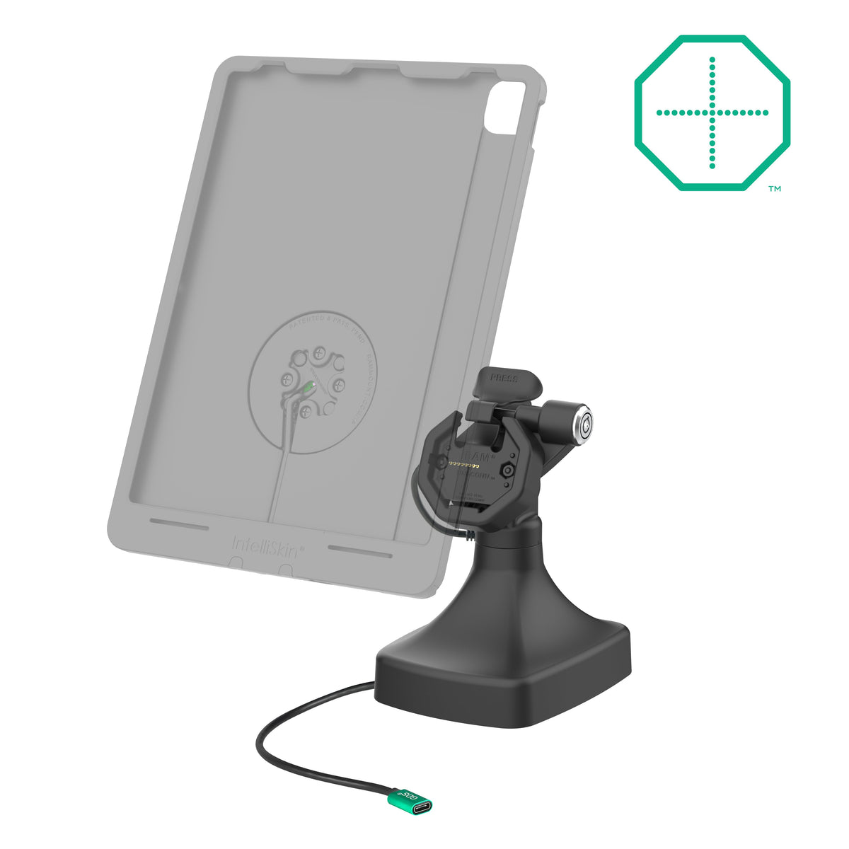 RAM Mounts GDS key-locking tilt and swivel dock with USB-C and two USB-A ports for IntelliSkin Thin-Case tablets with rear pogo pads – alternative view