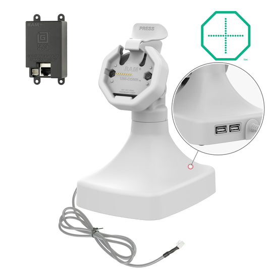 RAM Mounts GDS tilt and swivel dock with PoE and two USB-A ports for IntelliSkin Thin-Case tablets with rear pogo pads in grey – main product photo