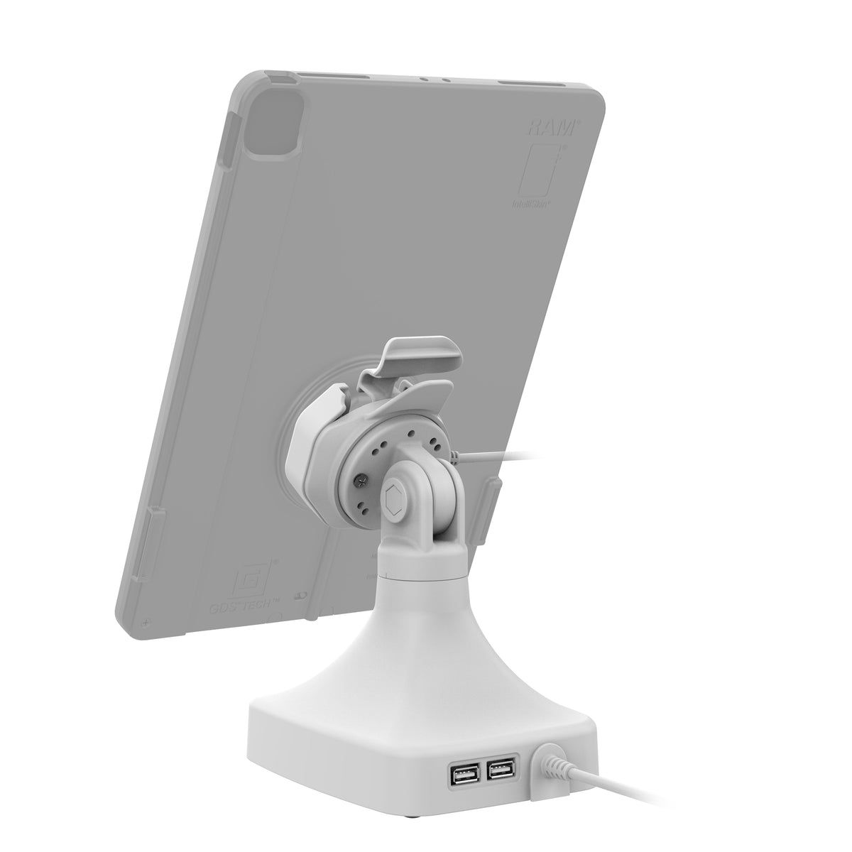 RAM Mounts GDS tilt and swivel dock with PoE and two USB-A ports for IntelliSkin Thin-Case tablets with rear pogo pads in grey – detail photo
