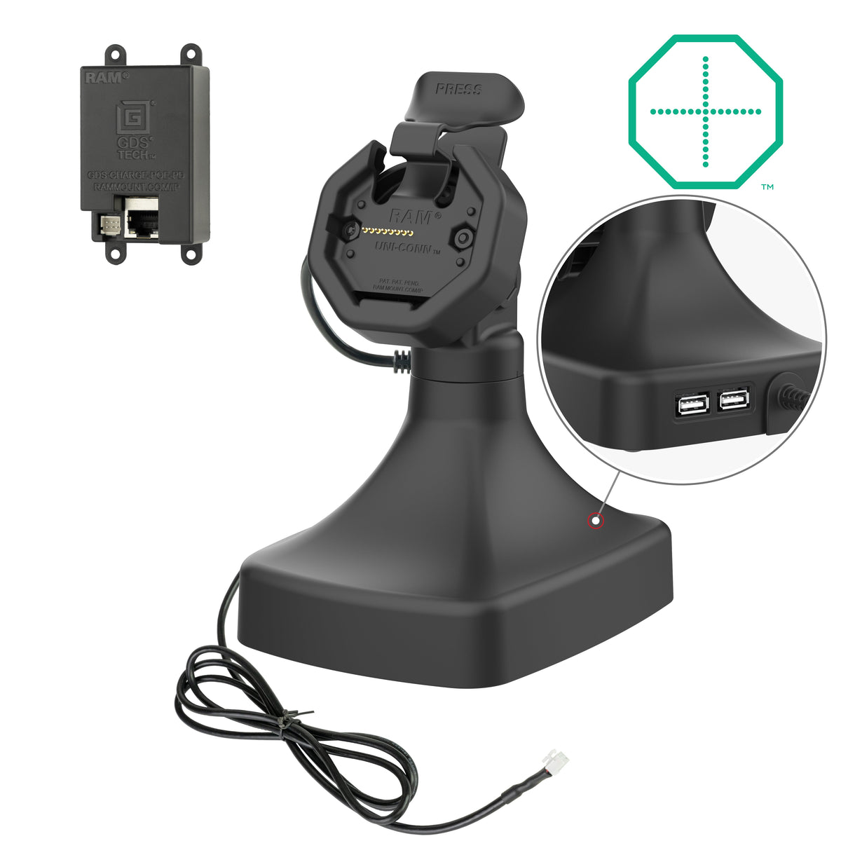 RAM Mounts GDS tilt and swivel dock with PoE and two USB-A ports for IntelliSkin Thin-Case tablets with rear pogo pads – main product photo