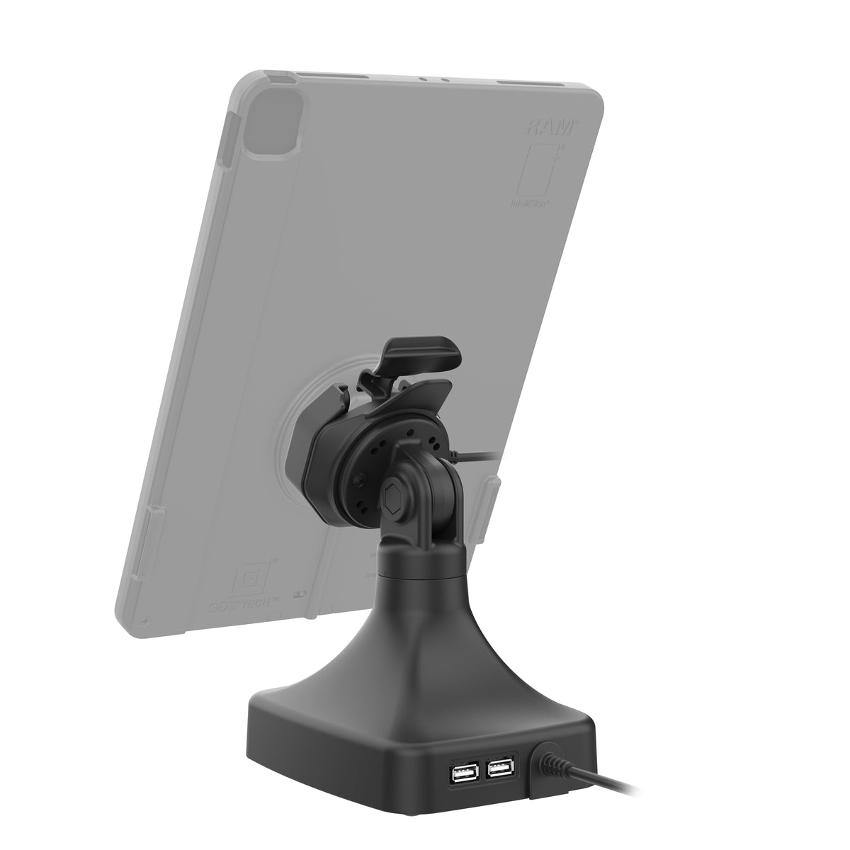 RAM Mounts GDS tilt and swivel dock with PoE and two USB-A ports for IntelliSkin Thin-Case tablets with rear pogo pads – detail photo
