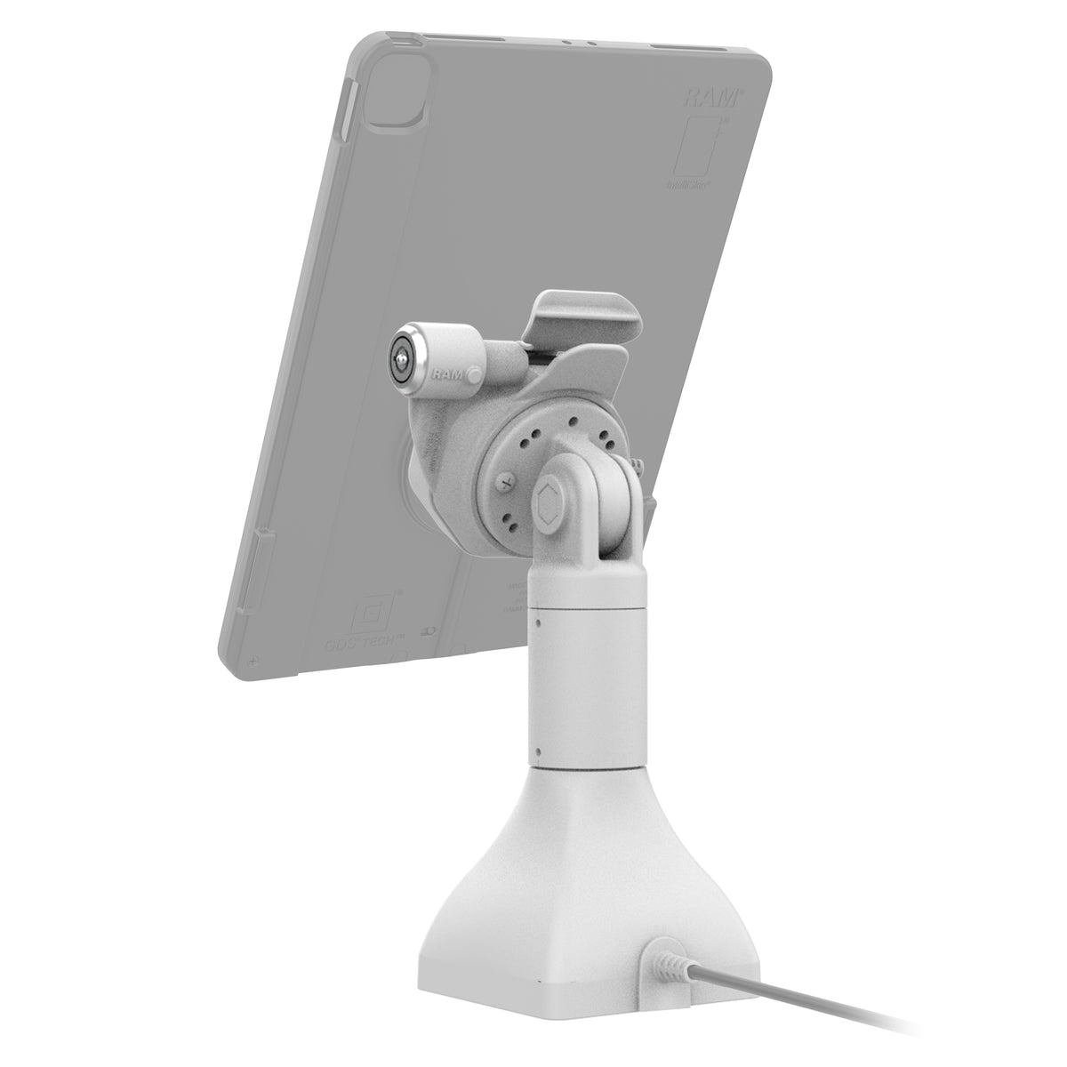 RAM Mounts GDS 7-inch key-locking pedestal dock with PoE for IntelliSkin Thin-Case tablets with rear pogo pads in grey – additional view