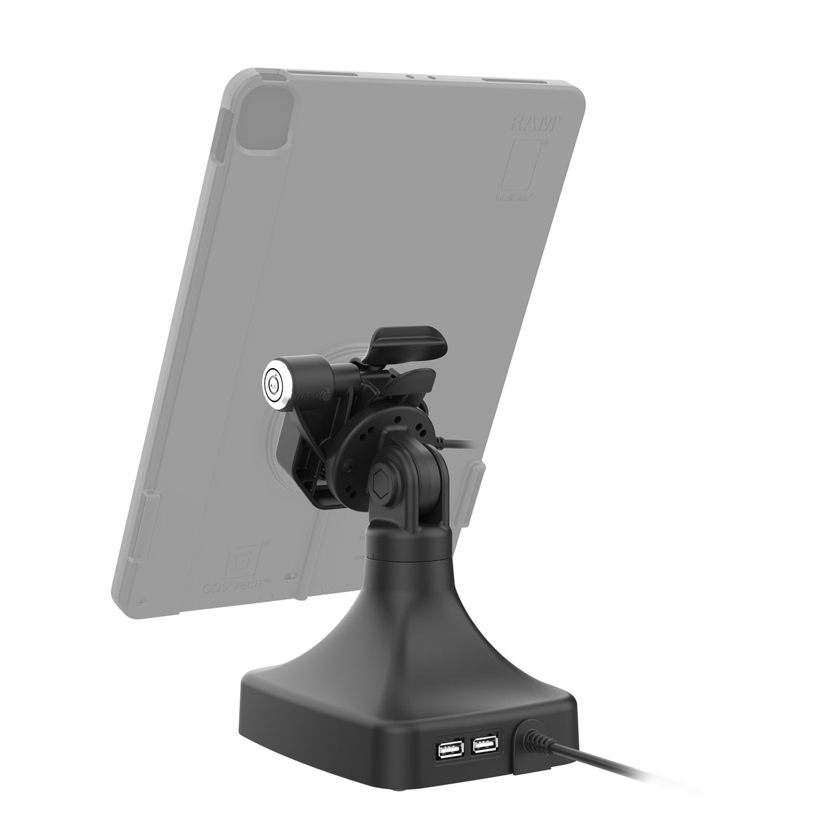 RAM Mounts GDS key-locking tilt and swivel dock with PoE and two USB-A ports for IntelliSkin Thin-Case tablets with rear pogo pads – detail photo
