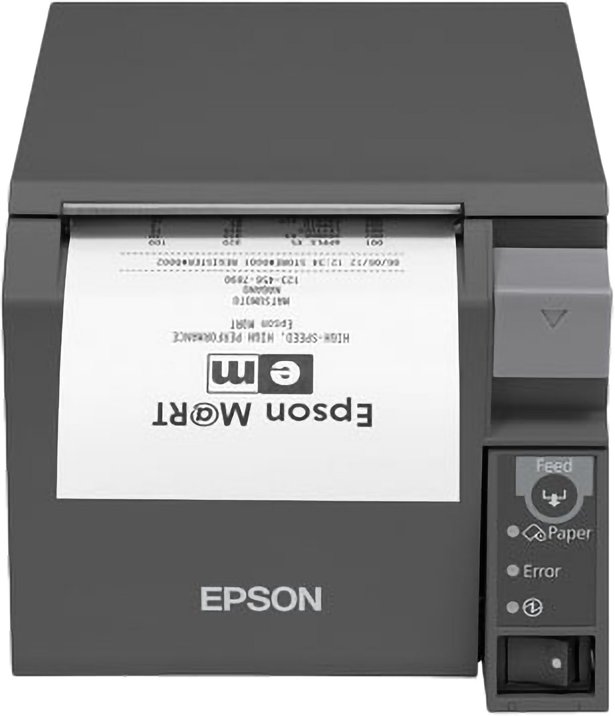 Epson TM-T70II front-loading POS receipt printer, black, serial + USB (C31CD38025A0) – front view with printed receipt