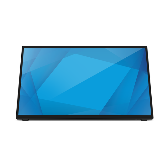 Elo 2470L touchscreen tilted on its kickstand, black