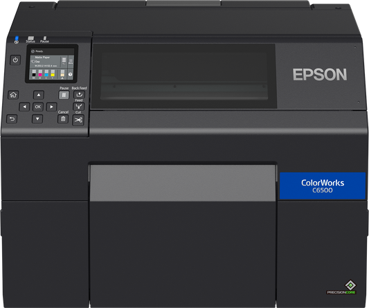 Epson ColorWorks C6500Ae colour label printer, 8-inch, auto cutter, gloss black ink, 1200 x 1200 dpi, inkjet (C31CH77102) – front view
