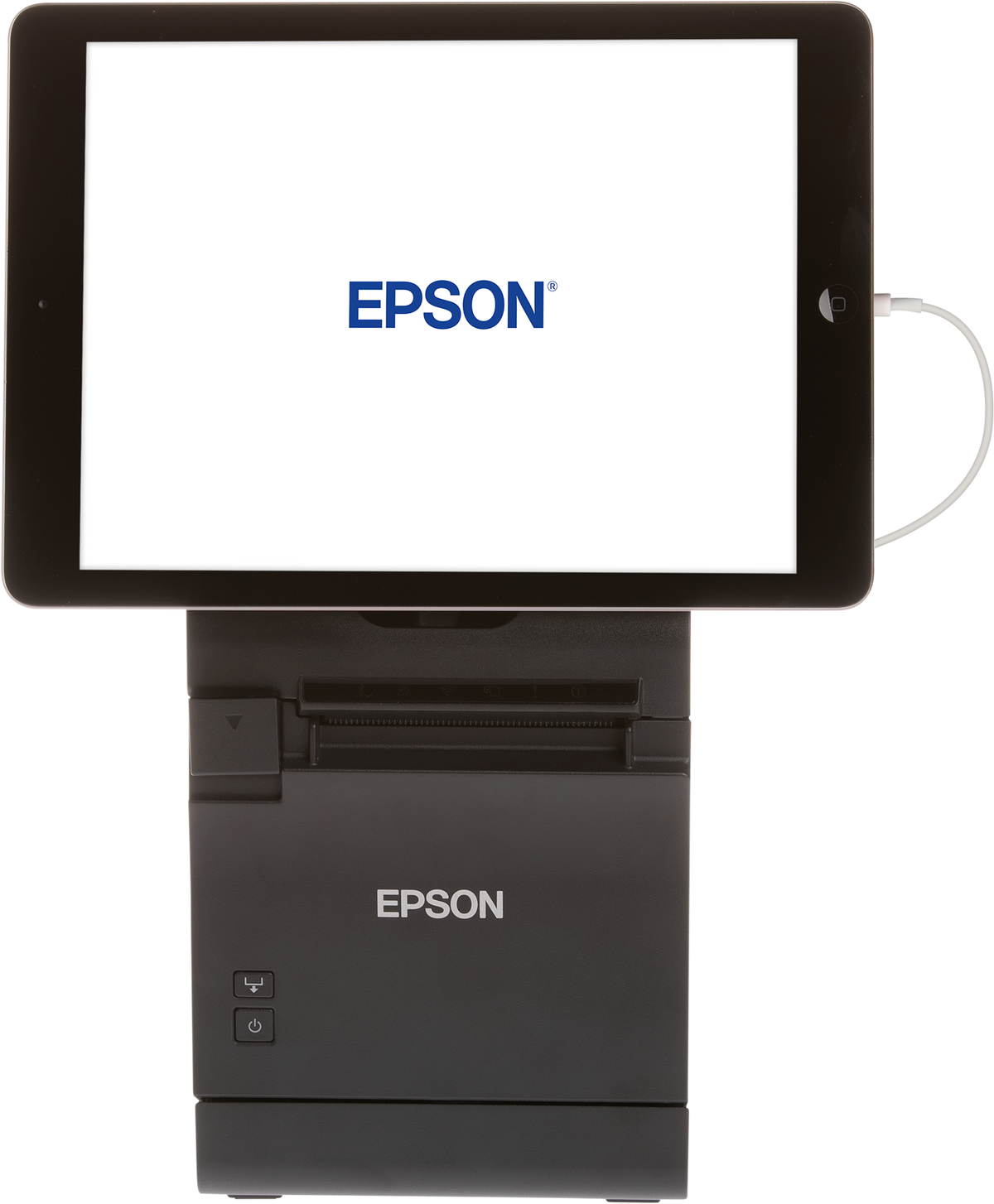 Epson TM-m30II-S tablet POS receipt printer with integrated stand, black, UK plug (C31CH63012A0) – with tablet mounted on top