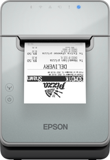 Epson TM-L100 liner-free label and receipt printer, black, USB + Ethernet + Bluetooth, UK plug (C31CJ52121A0) – front view with printed label