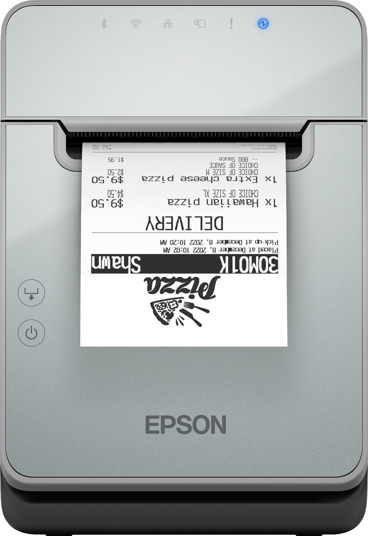 Epson TM-L100 liner-free label and receipt printer, black, USB + Ethernet (C31CJ52111) – front view with printed label