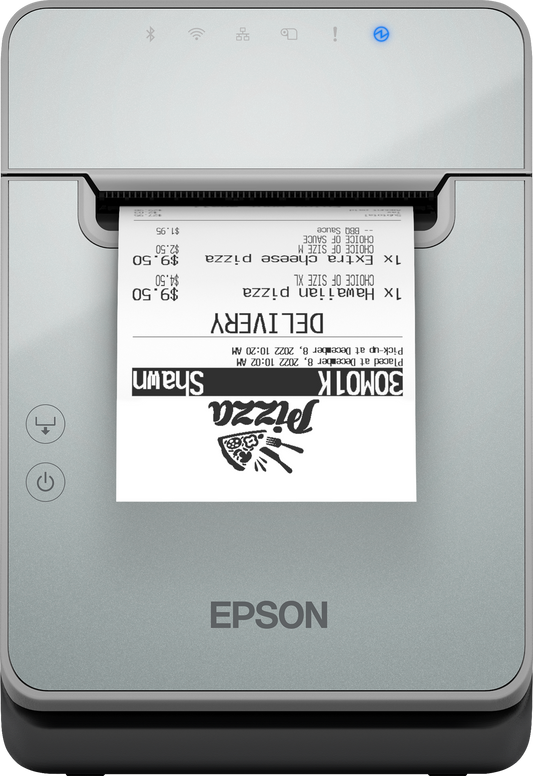 Epson TM-L100 liner-free label and receipt printer, black, USB + Ethernet (C31CJ52111) – front view with printed label