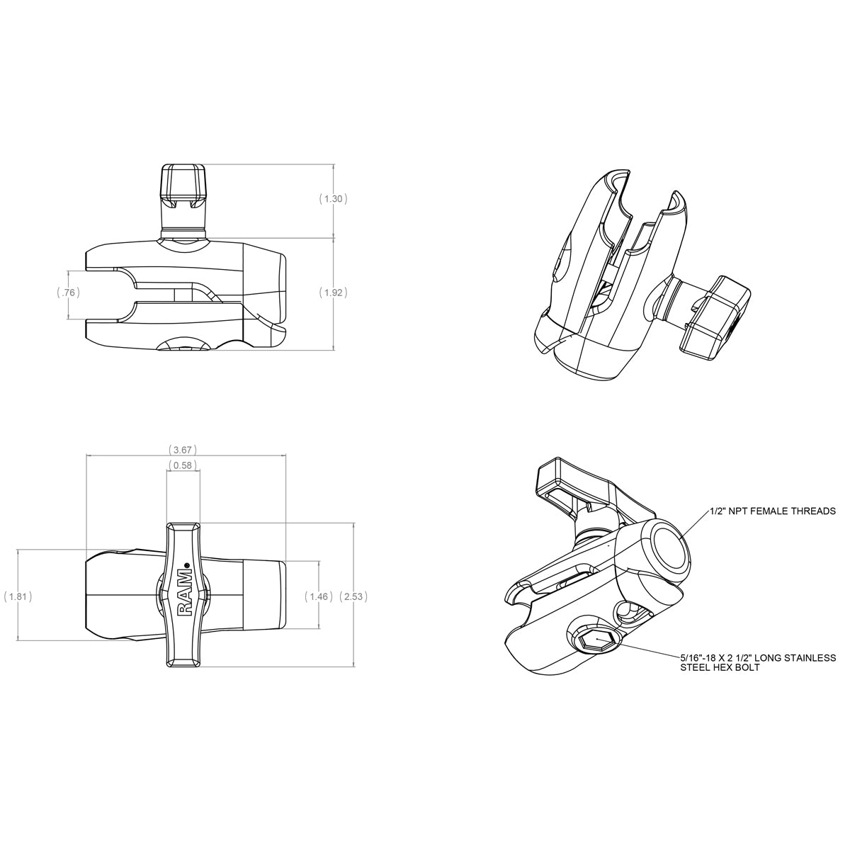 RAM Mounts C-size single socket arm with 1/2 inch NPT female thread RAM-200-1U – alternative view