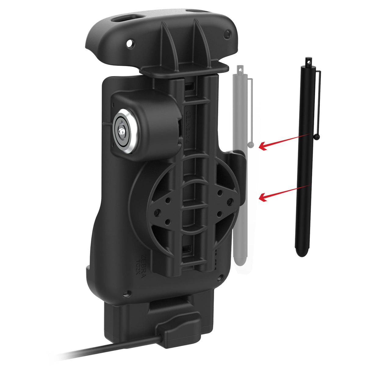 RAM Mounts key-locking form-fit powered USB-A dock for Zebra TC22, TC27 and TC201 with protective boot – detail view