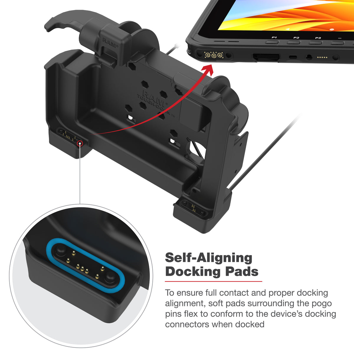 RAM Mounts Power + Dual USB-A Dock with Heated Pins for Zebra ET60 and ET65 – another angle