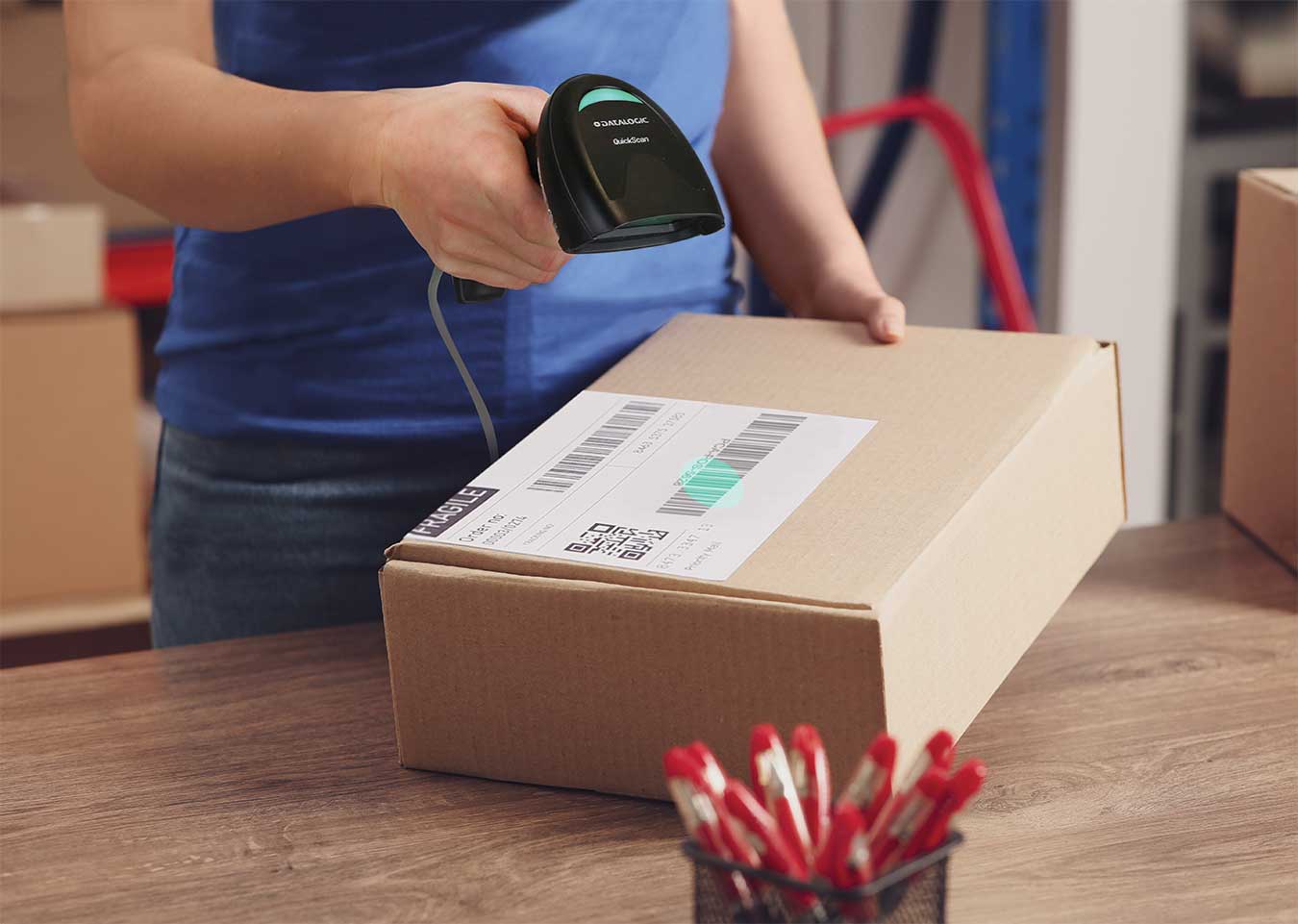 Datalogic QuickScan QD2200 Barcode Scanner in use (QD2220-BKK1)