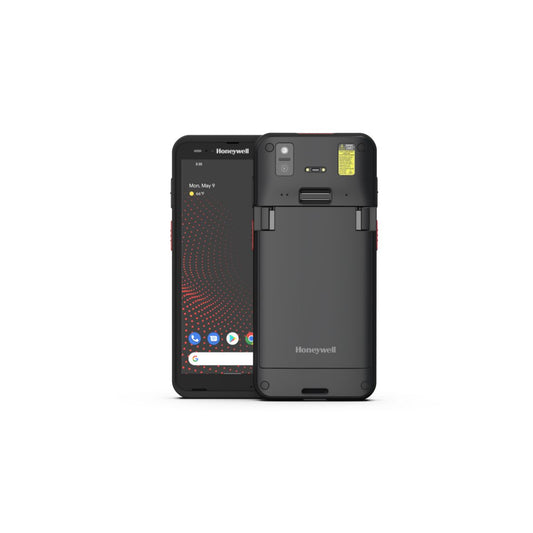 Honeywell CT70 6-inch all-touch Android mobile computer, black, FlexRange 2D imager, 5G + Wi-Fi, standard battery (CT70-X1N-058CS104G) – front and back view