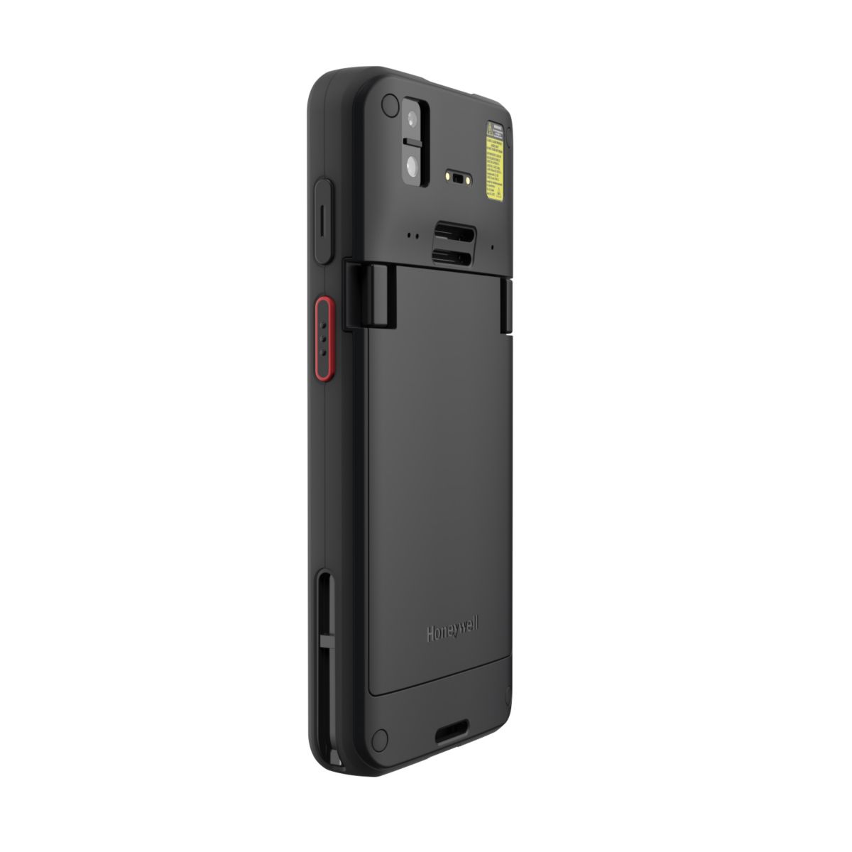 Honeywell CT70 6-inch all-touch Android mobile computer, black, standard range 2D imager, 5G + Wi-Fi, standard battery (CT70-X1N-057CS104G) – angled back view