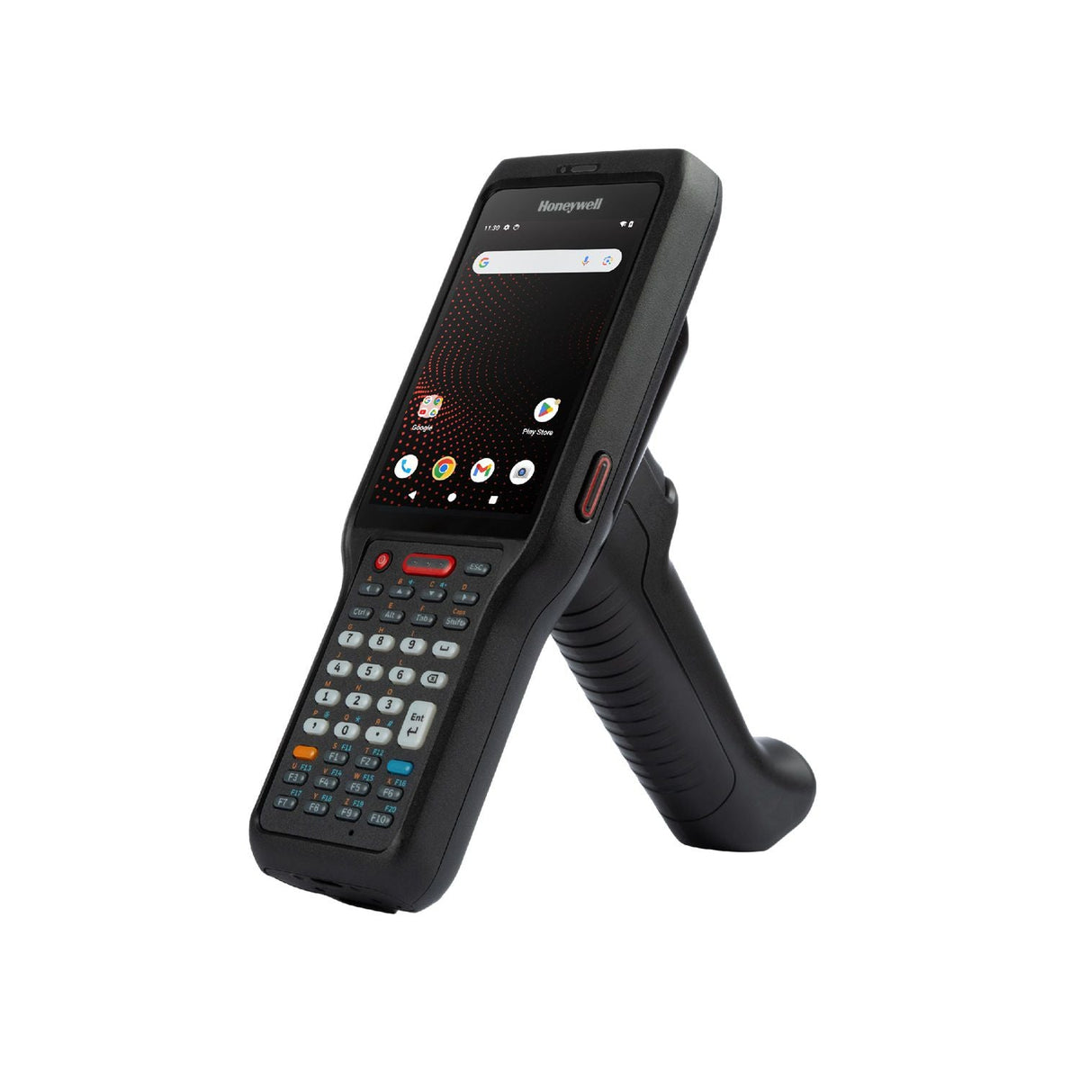 Honeywell CK62 rugged Android mobile computer, 38-key numeric keypad, standard range 2D imager, Wi-Fi only, 4 GB / 64 GB (CK62-X00-37S1BCG) – angled view with scan handle