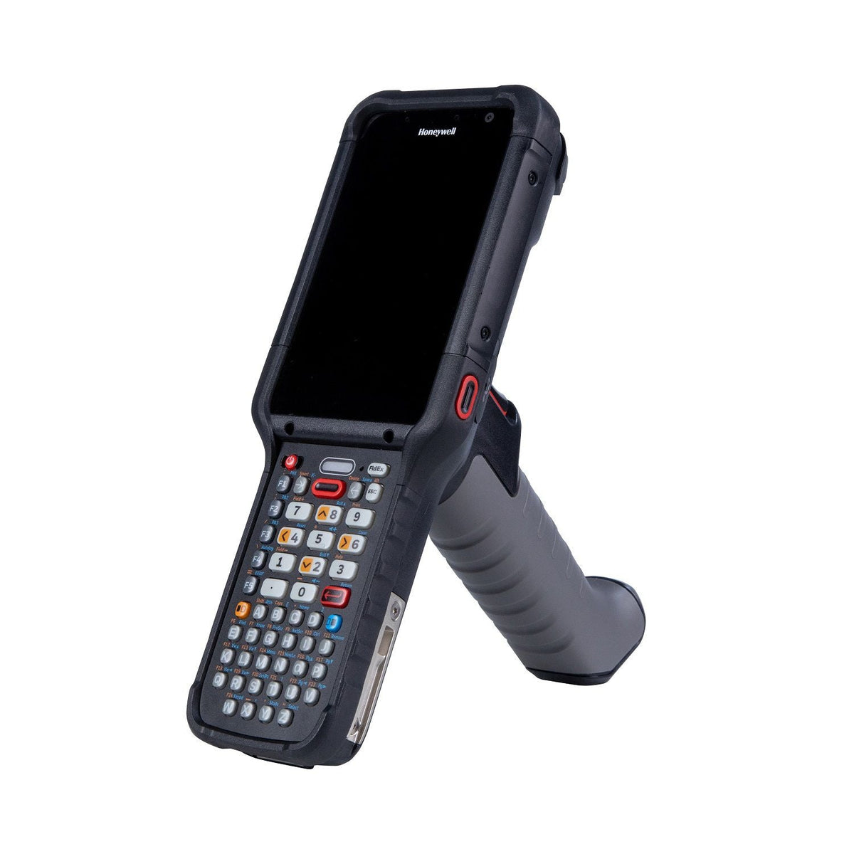 Honeywell CK67 ultra-rugged Android mobile computer, 51-key alphanumeric keypad, FlexRangeXLR S0803 2D imager, Wi-Fi only (CK67-X0N-5EC1A2G) – angled view with scan handle