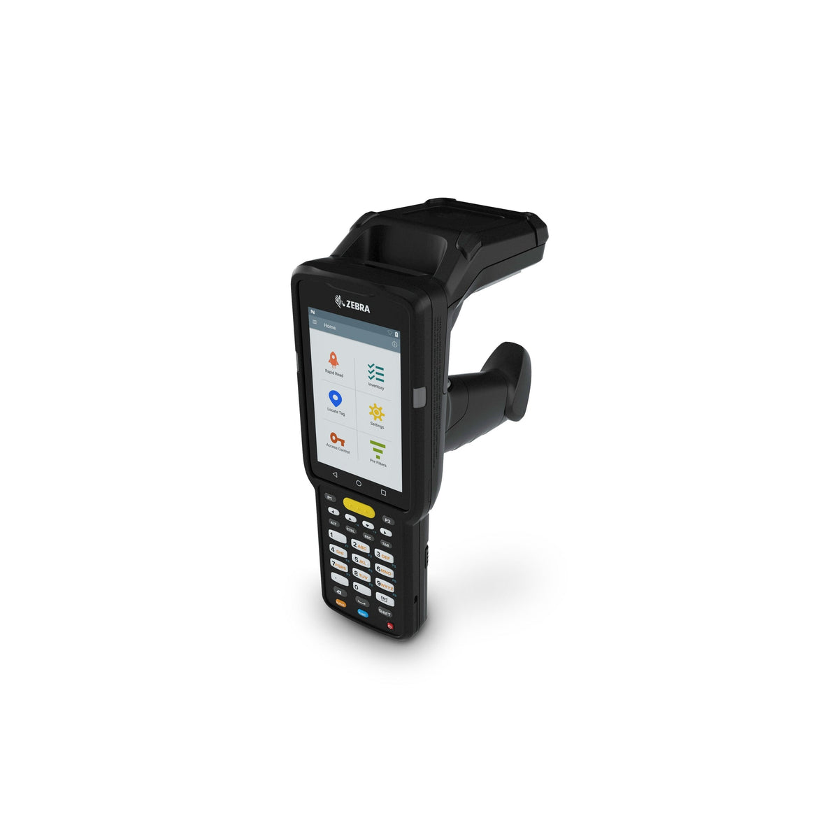 Zebra MC3390xR rugged keypad mobile computer, integrated UHF RFID reader, pistol grip, 29-key numeric keypad (MC339U-GF2EG4EU) – rear angled view