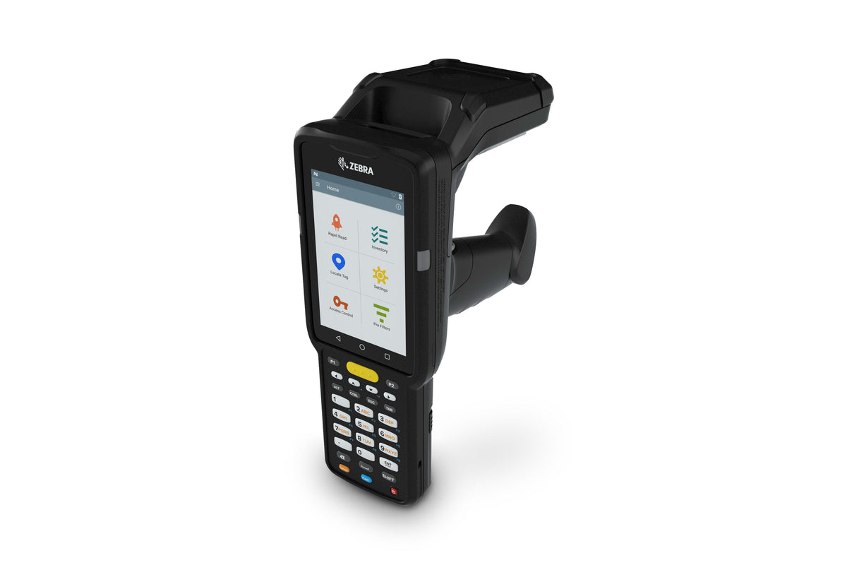 Zebra MC3390xR rugged keypad mobile computer, integrated UHF RFID reader, pistol grip, 29-key numeric keypad (MC339U-GE2EG4EU) – rear angled view