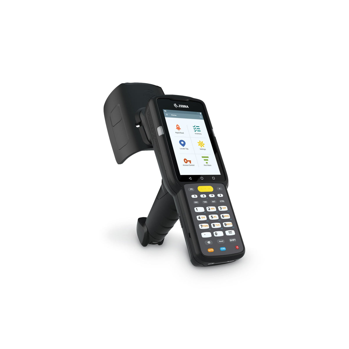 Zebra MC3390xR rugged keypad mobile computer, integrated UHF RFID reader, pistol grip, 29-key numeric keypad (MC339U-GE2EG4EU) – side view with RFID antenna