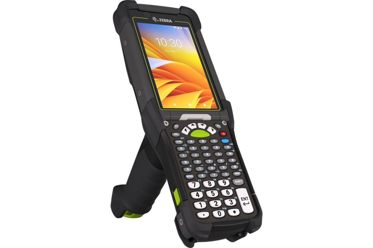 Zebra MC9450 rugged 5G keypad mobile computer, pistol grip, 53-key standard alphanumeric keypad (MC945B-3G1P6DSS-A6) – angled front view