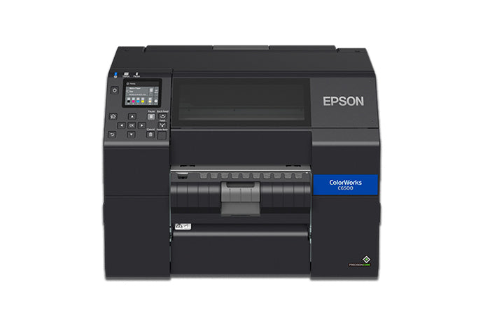 Epson ColorWorks C6500Pe colour label printer, 8-inch, peel-and-present, gloss black ink, 1200 x 1200 dpi, inkjet (C31CH77202) – head-on view