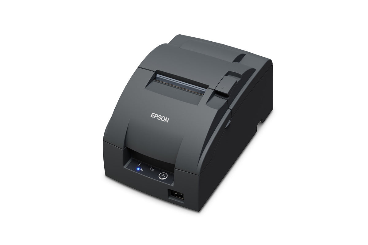 Epson TM-U220IIB impact dot matrix POS receipt printer with autocutter, dark grey (Epson Dark Grey), serial (C31CL27102F1) – left 3/4 view