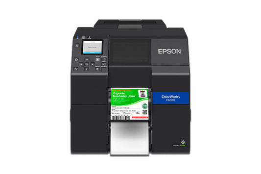 Epson ColorWorks C6000Pe colour label printer, 4-inch, peel-and-present, matte black ink, 1200 x 1200 dpi, inkjet (C31CH76202MK) – front view with peeled label